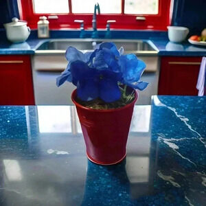 Cute Pail O' Pansies In Red Metal Old Fashioned Bucket